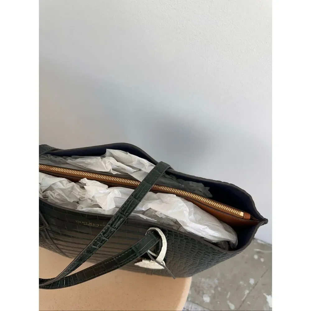 Tory Burch Perry Deep Kelp Green Embossed Triple Compartment Tote Bag